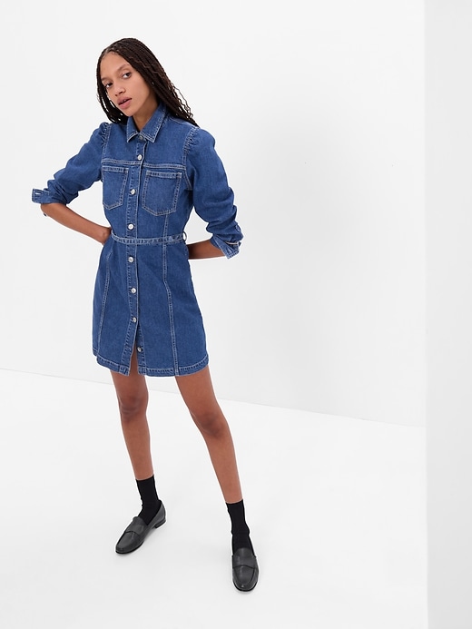 Women's Puff Sleeve Denim Mini Dress with Washwell by Gap Medium Wash Tall Size 14