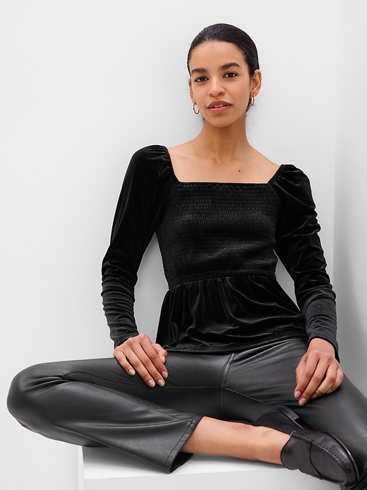 1 of 8 showing, with the color black of product Puff Sleeve Smocked Peplum Velvet Top