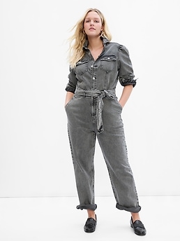 Puff Sleeve Tie Waist Medium Wash Denim Jumpsuit