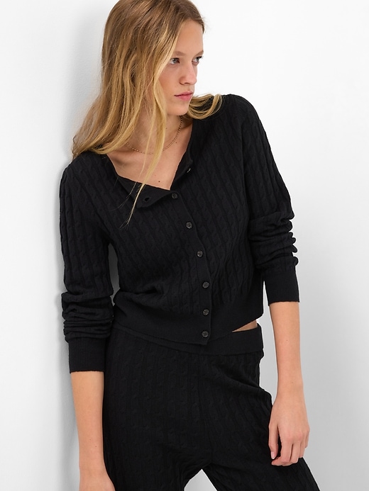 1 of 8 showing, with the color true black of product CashSoft Cropped Cable-Knit Cardigan
