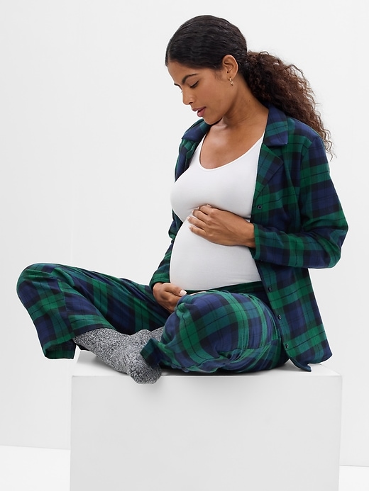 2 of 8 showing, with the color blue green plaid of product Maternity Flannel PJ Set