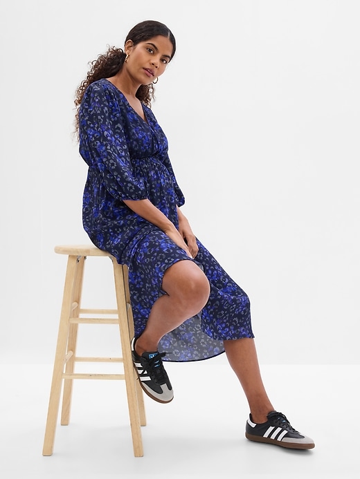 1 of 8 showing, with the color blue leopard print of product Maternity Puff Sleeve Smocked Midi Dress