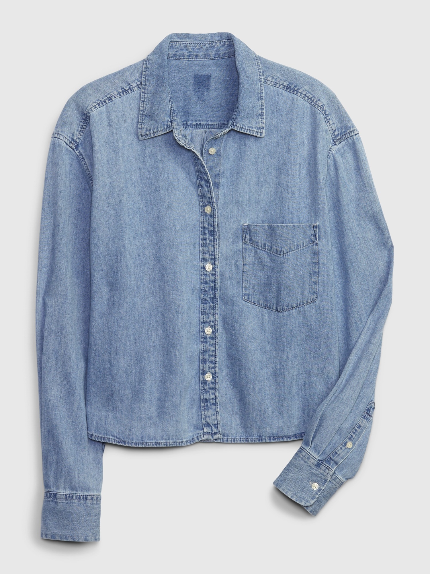 Женская рубашка Gap UltraSoft Denim Oversized Straight-Hem Crop Shirt, цвет: Светлая варка — фото 6