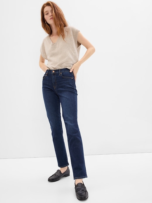 1 of 8 showing, with the color dark wash of product Mid Rise Classic Straight Jeans