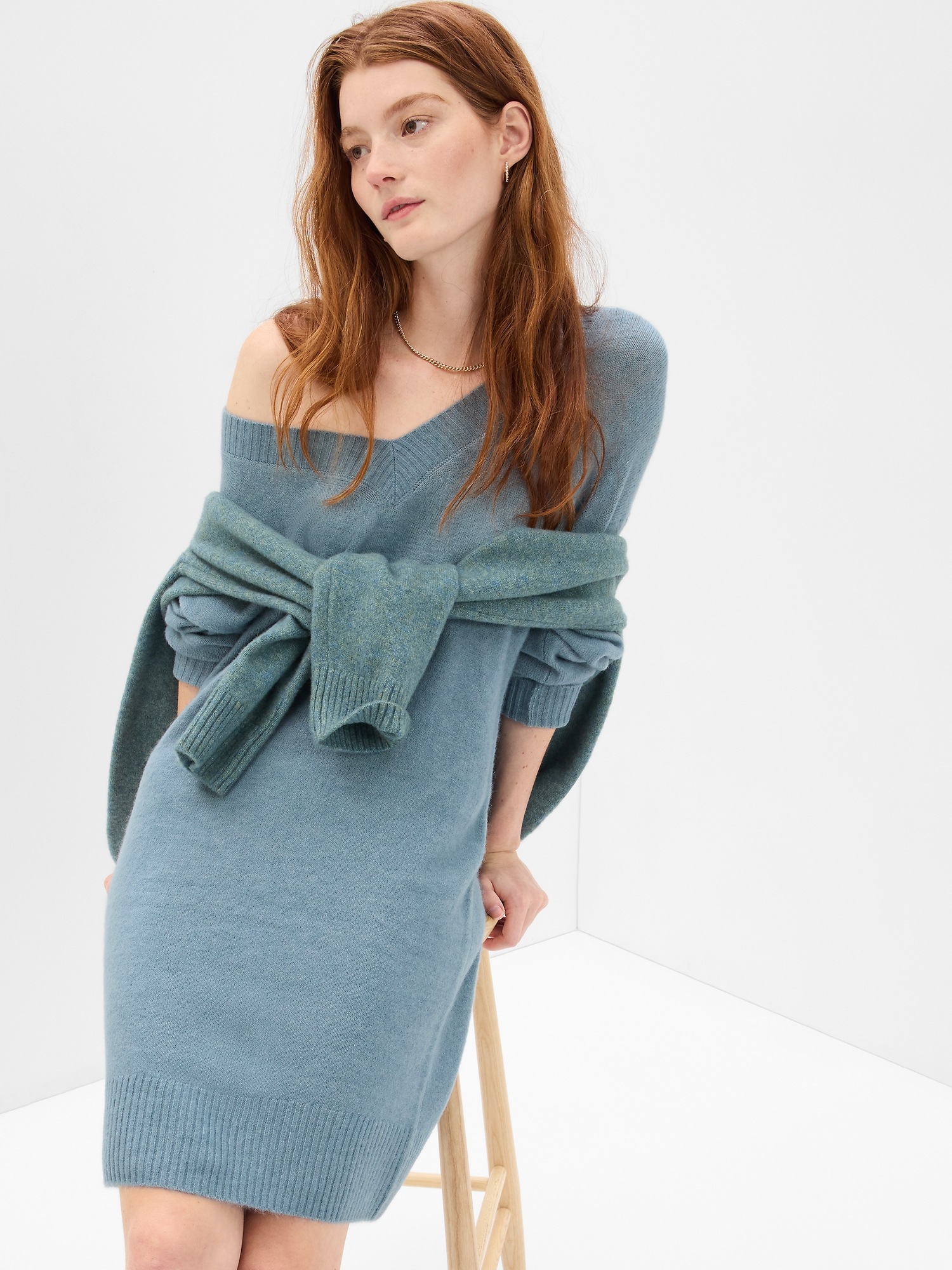 Gap V-neck Mini Sweater Dress In Mineral Blue | ModeSens