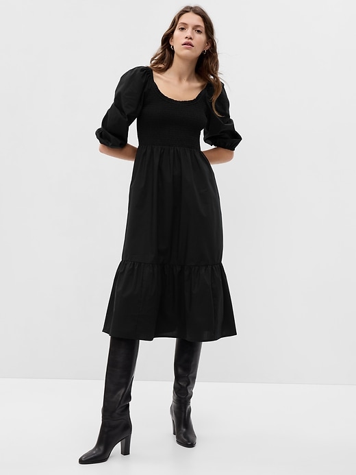 Image number 1 showing, Puff Sleeve Smocked Midi Dress