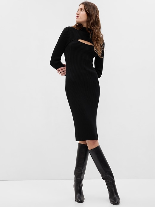 1 of 8 showing, with the color black of product Mockneck Cutout Midi Sweater Dress