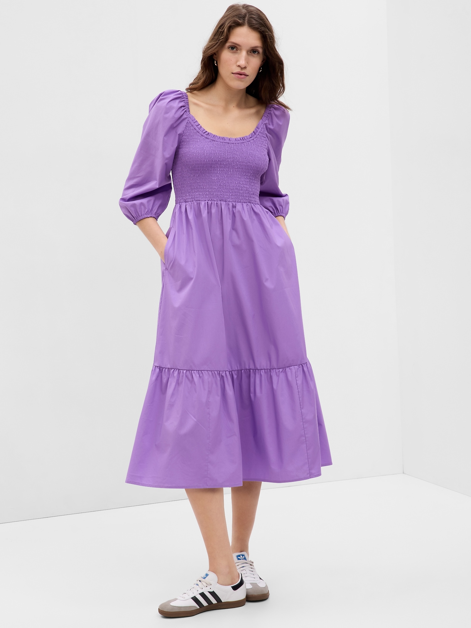 Gap Puff Sleeve Smocked Midi Dress In Bright Purple | ModeSens