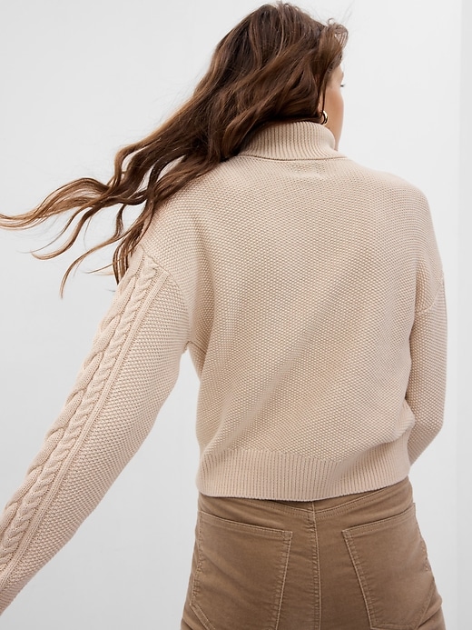 2 of 8 showing, with the color chino beige of product Cropped Cable-Knit Turtleneck Sweater