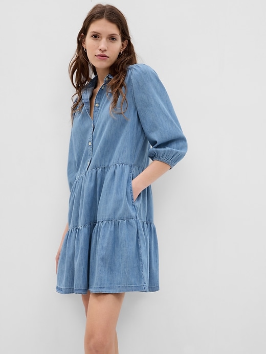 Image number 1 showing, Puff Sleeve Denim Mini Shirtdress