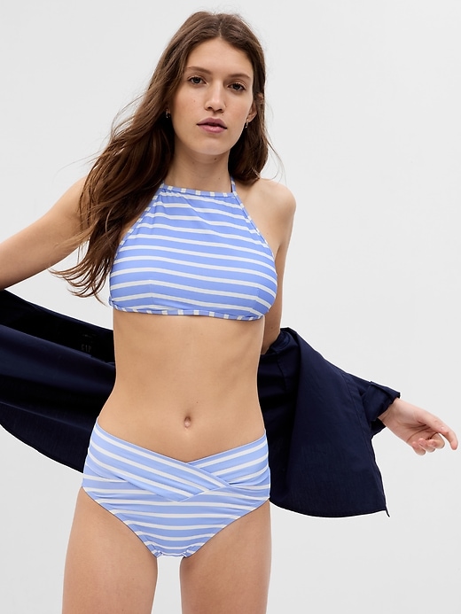 1 of 8 showing, with the color light blue & white stripe of product High-Neck Bikini Top