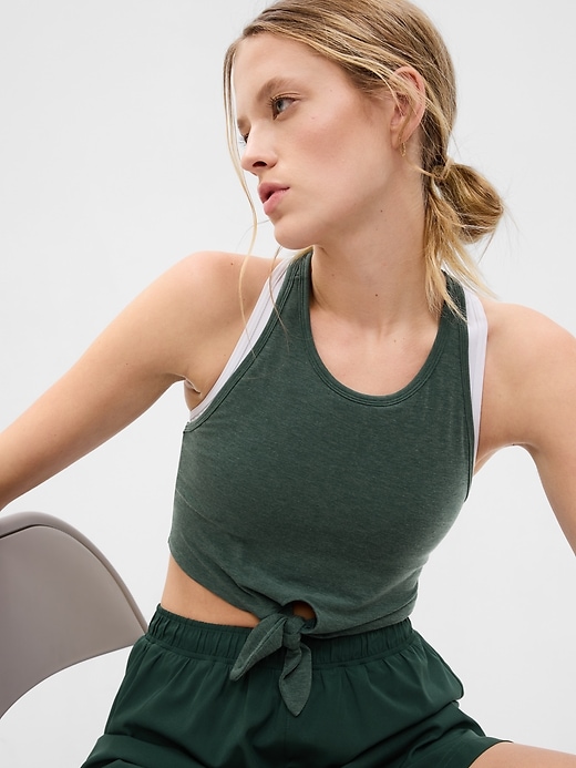 1 of 8 showing, with the color hunter green of product GapFit Breathe Tie-Front Cropped Brami