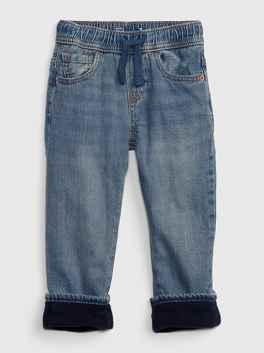 1 of 8 showing, with the color medium wash of product Toddler Fleece-Lined Slim Jeans with Washwell