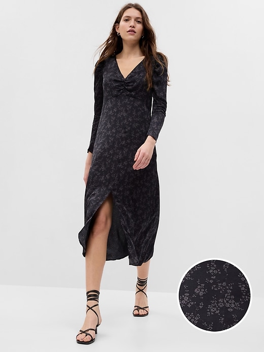 1 of 8 showing, with the color black floral print of product Puff Sleeve Satin Midi Dress