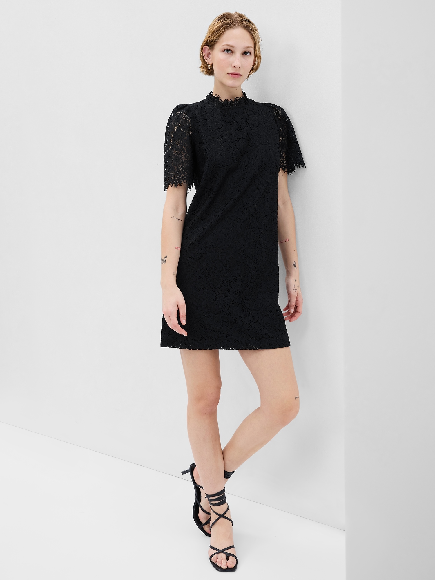 Puff Sleeve Ruffle Neck Lace Mini Dress | Gap
