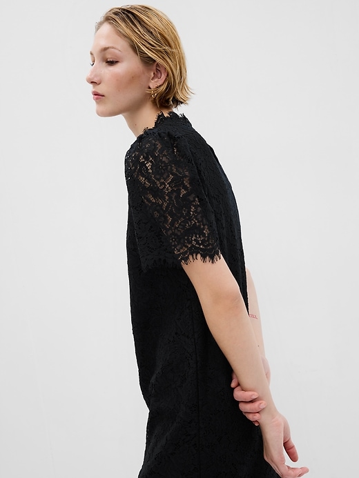 Puff Sleeve Ruffle Neck Lace Mini Dress