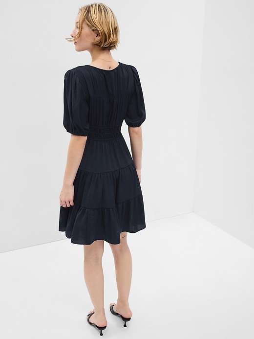 2 of 8 showing, with the color navy blue of product Tie-Front Tiered Mini Dress