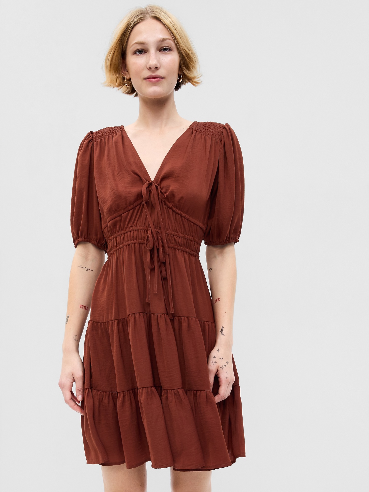 Gap Tiefront Tiered Mini Dress In Copper Brown ModeSens