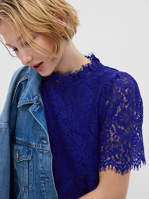 Puff Sleeve Ruffle Neck Lace Mini Dress | Gap Puff Sleeve Ruffle Neck Lace Mini Dress | Gap