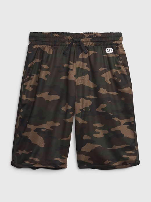 1 of 8 showing, with the color GREEN CAMO of product GapFit Kids Fit Tech Mesh Shorts