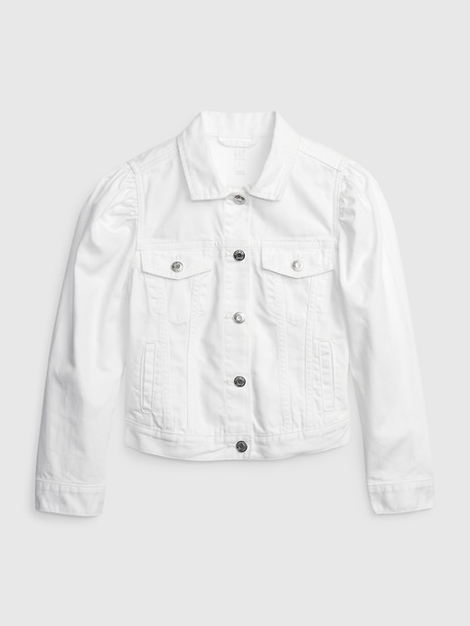 1 of 8 showing, with the color white denim of product Kids Puff Sleeve Icon Denim Jacket with Washwell