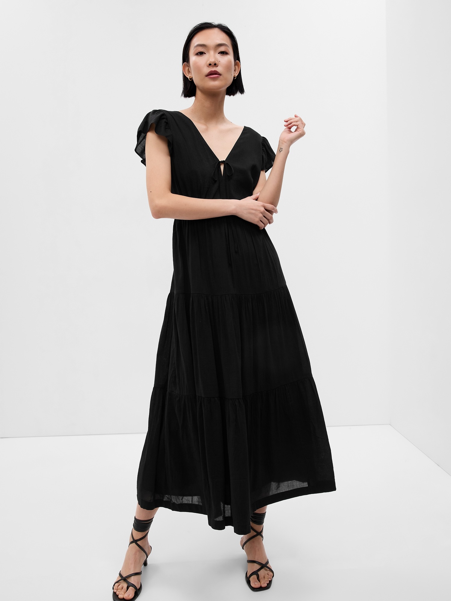 Gap Flutter Sleeve Tiered Maxi Dress In Black ModeSens