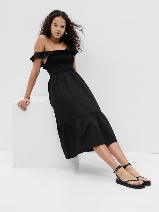 1 of 8 showing, with the color BLACK of product Ruffle Neck Midi Dress