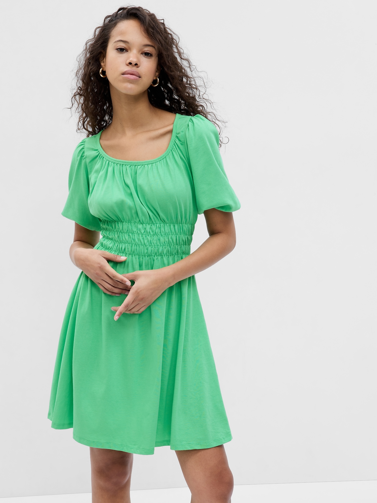 Gap Puff Sleeve Smocked Mini Dress In Jamaica Green | ModeSens