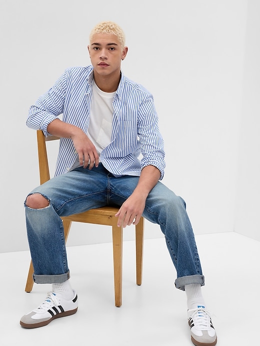 1 of 8 showing, with the color blue stripe of product All-Day Poplin Shirt in Untucked Fit