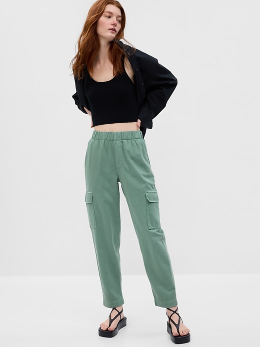 1 of 8 showing, with the color sage green of product Mid Rise Twill Cargo Pants