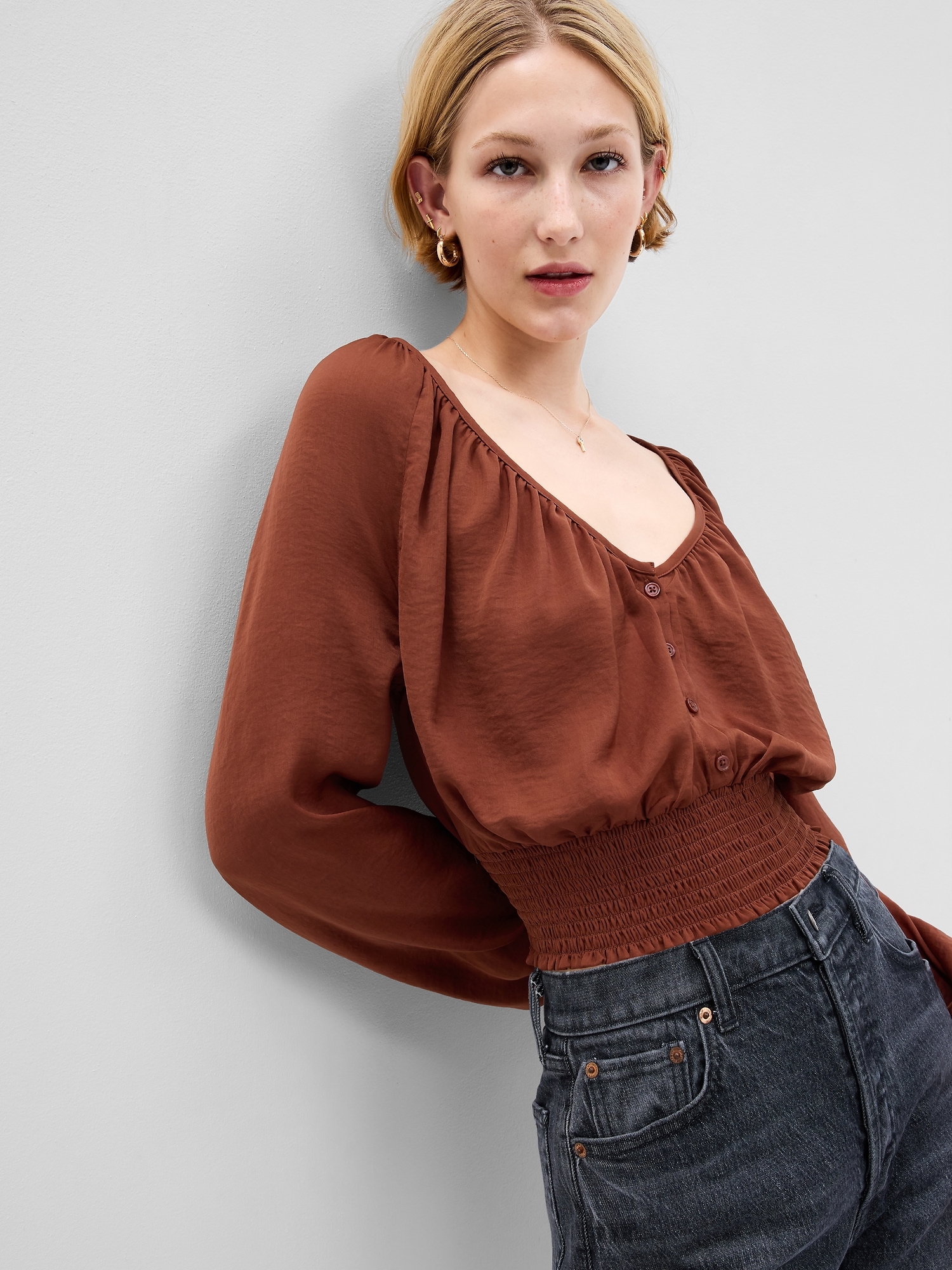 Button Front Smocked Hem Top Gap