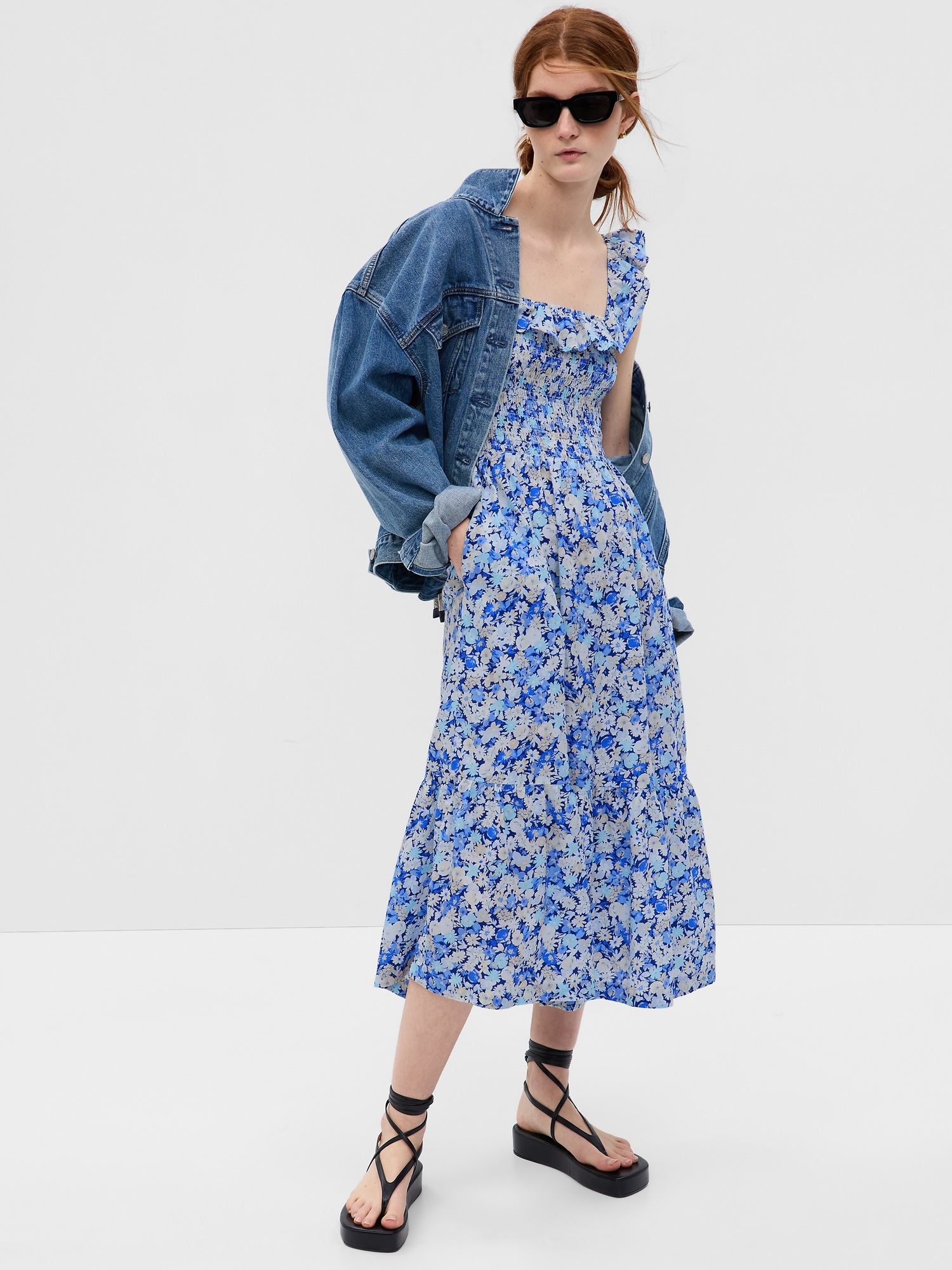 Gap Ruffle Neck Midi Dress In Ditsy Blue Floral | ModeSens