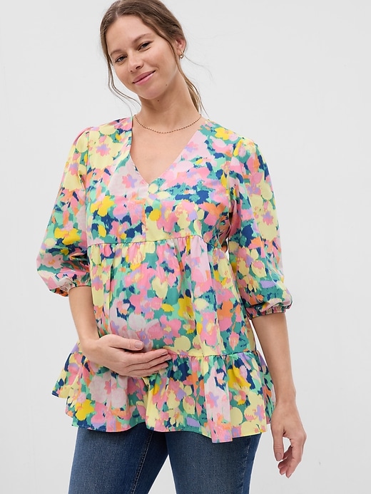 1 of 8 showing, with the color multi floral of product Maternity Poplin Tiered Top