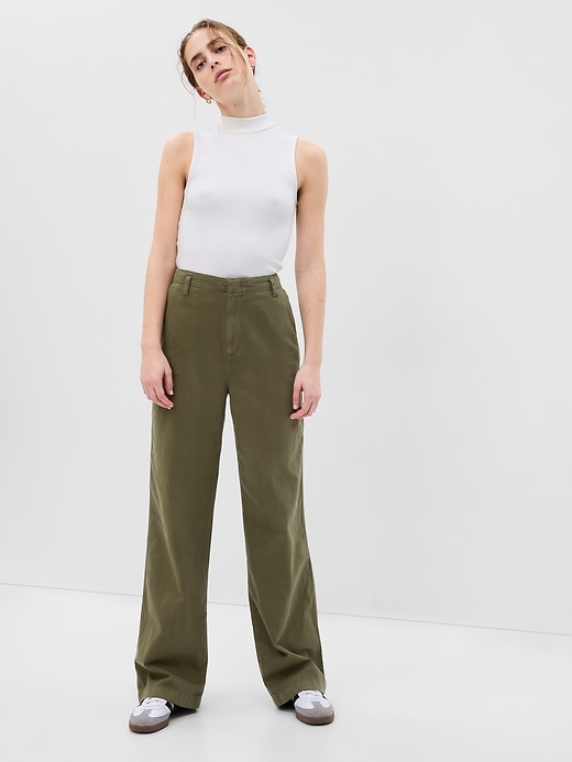 1 of 8 showing, with the color army jacket green of product Mid Rise Twill Wide-Leg Khakis