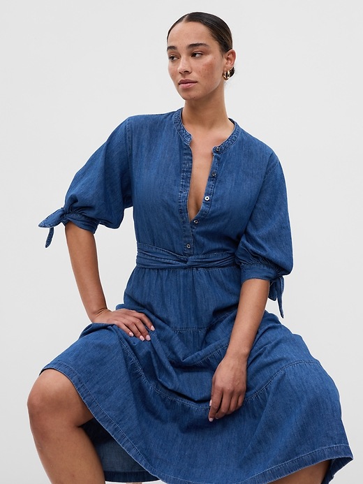 gap tiered denim dress Gap x LoveShackFancy + Gap  LoveShackFancy Denim Tiered Midi Dress with  Washwell
