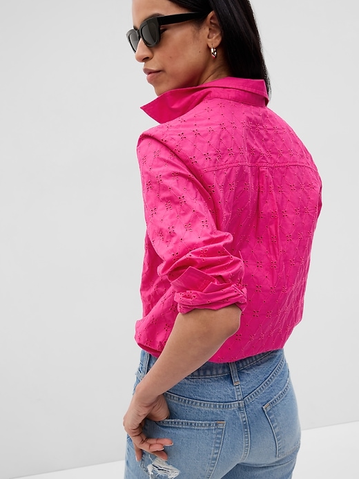 2 of 8 showing, with the color viva magenta pink of product Eyelet Lace Boyfriend Shirt