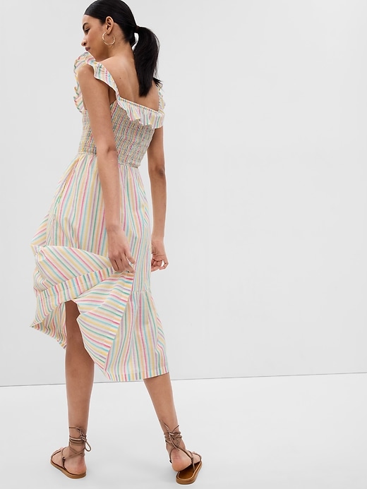 2 of 8 showing, with the color multi color stripe of product Ruffle Neck Midi Dress