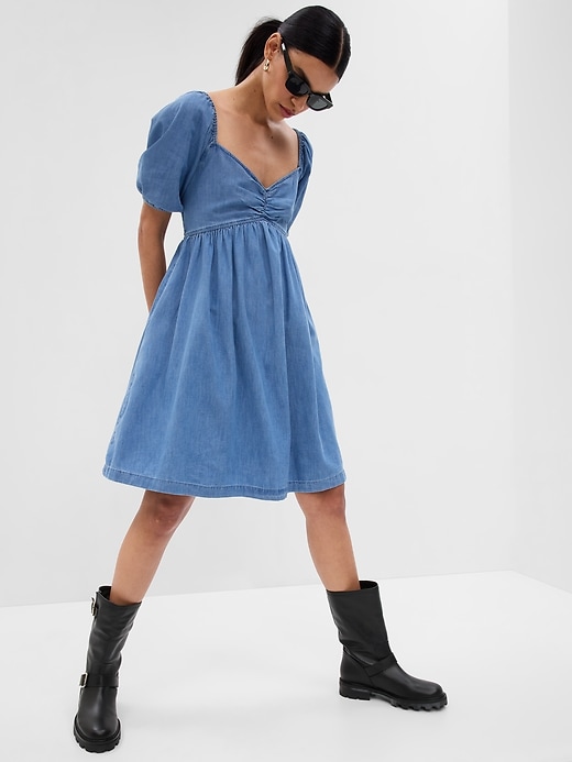 gap puff sleeve denim dress Denim Puff-Sleeve Button-Front Maxi Dress