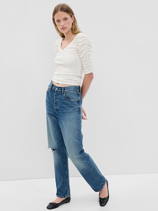 1 of 8 showing, with the color new off white of product Featherweight Ruched Sleeve Rib Top