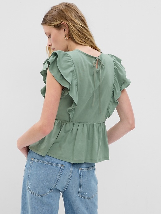 2 of 8 showing, with the color sage green of product Organic Cotton Vintage Lace Flutter Sleeve Peplum Top