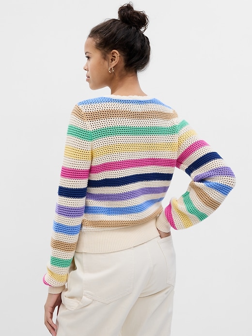 2 of 8 showing, with the color multi color stripe of product Stripe Crochet Crewneck Sweater