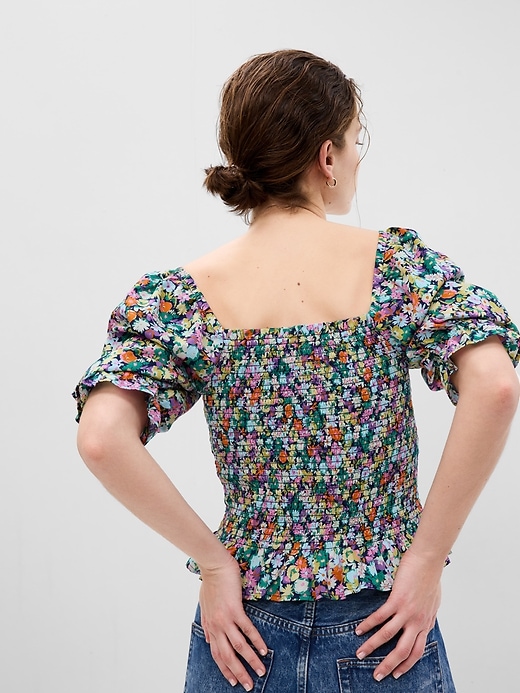 2 of 8 showing, with the color multi color ditsy floral of product Puff Sleeve Smocked Peplum Top