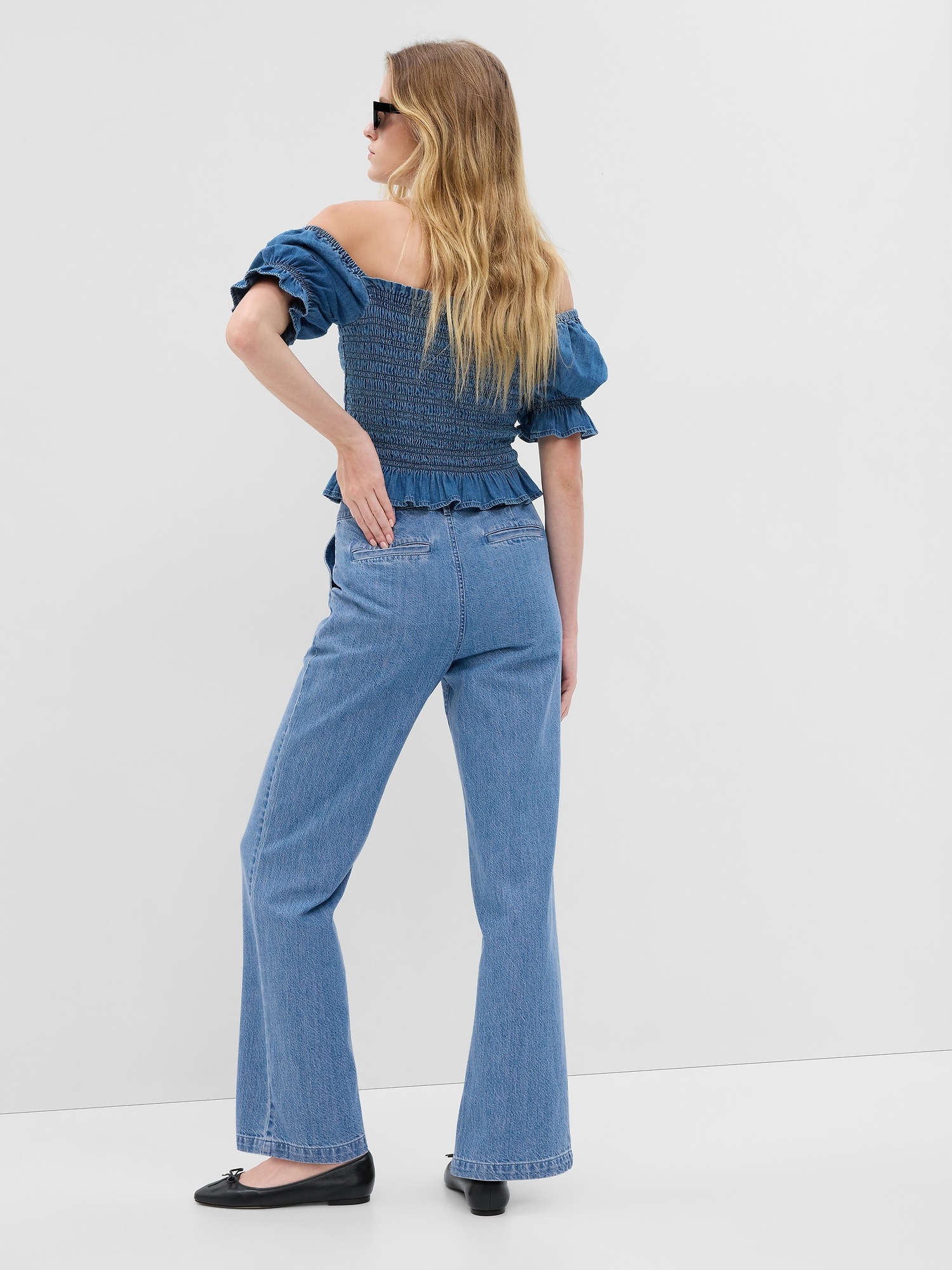 High Rise Denim Wide Leg Trousers with Washwell Gap