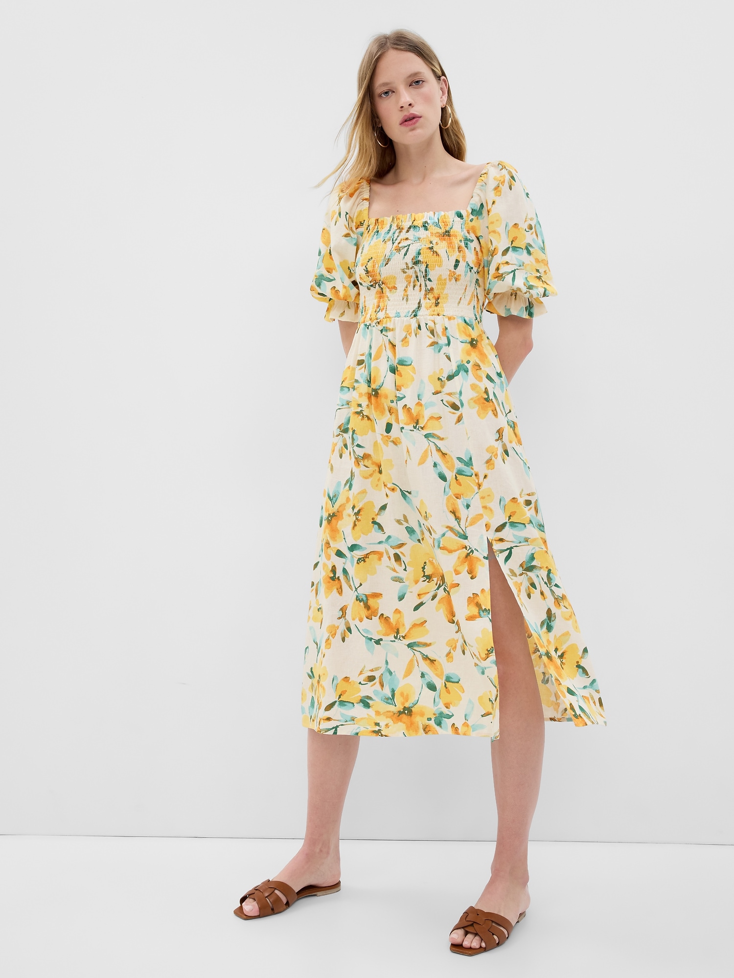 Gap Linenblend Puff Sleeve Midi Dress In Yellow Floral ModeSens