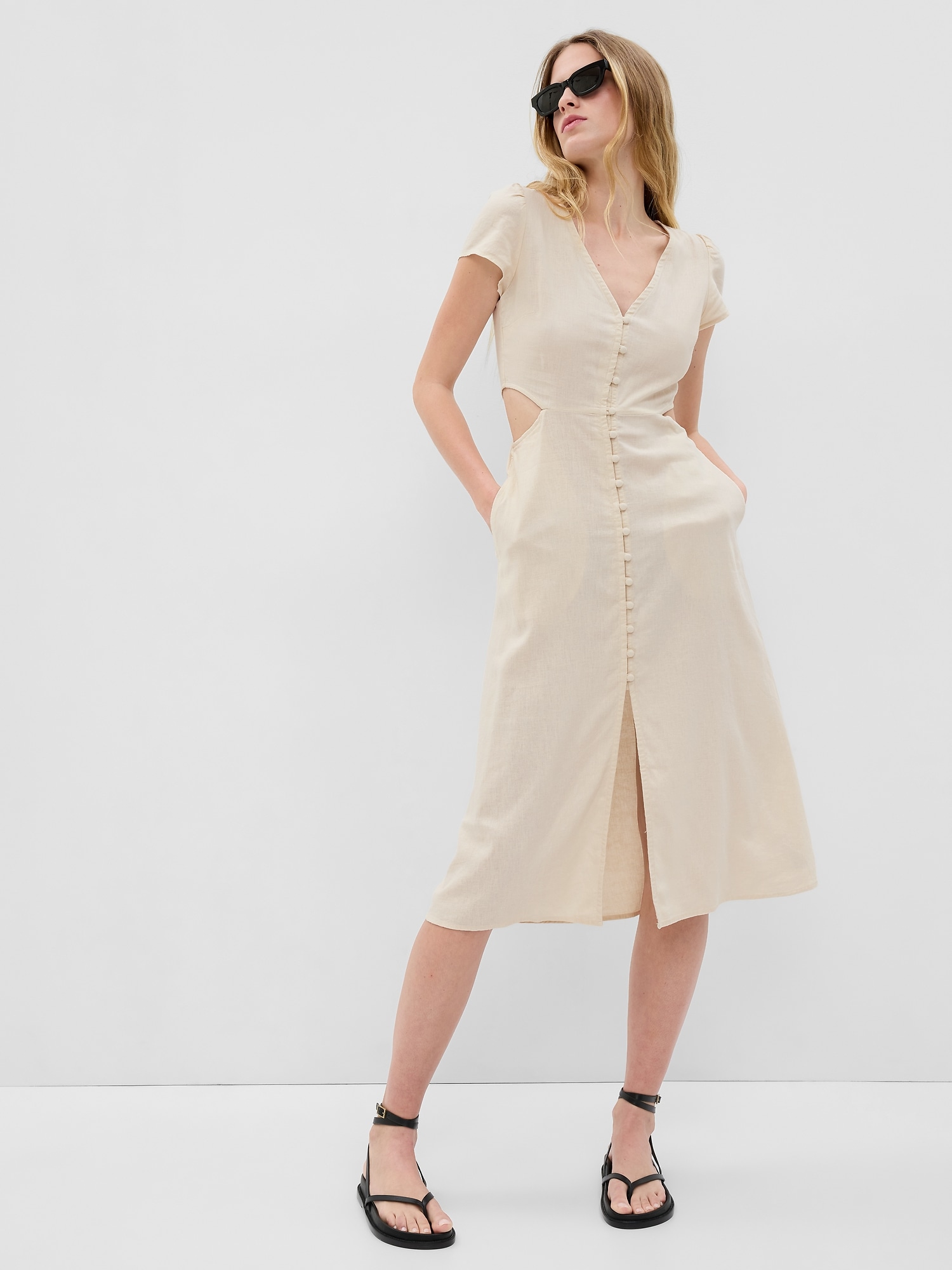 Linen-Blend Cutout Midi Dress