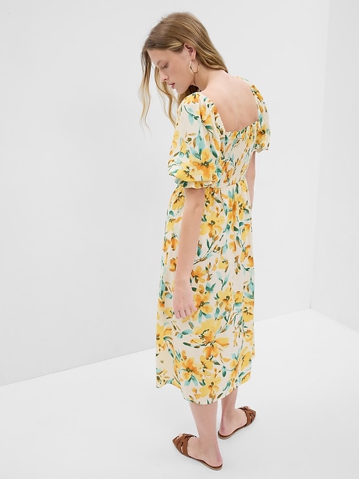 Linen-Blend Puff Sleeve Midi Dress | Gap