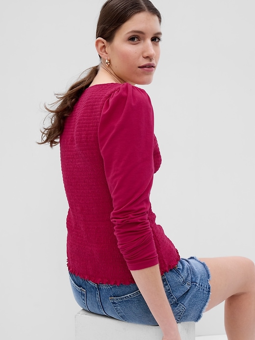 2 of 8 showing, with the color pomegranate pink of product Featherweight Smocked Button-Front Top