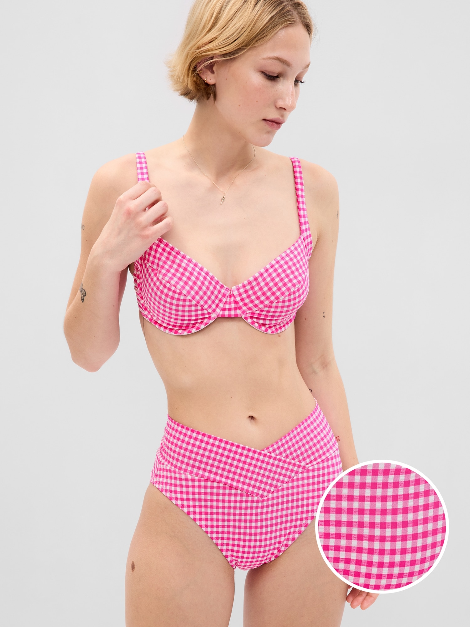 Textured Gingham Crossover Bikini Bottom