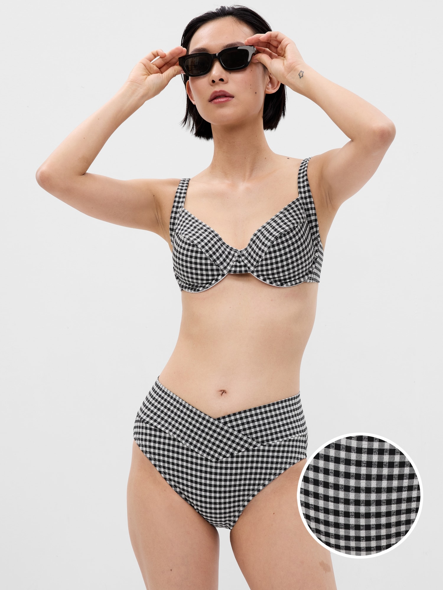 Textured Gingham Crossover Bikini Bottom