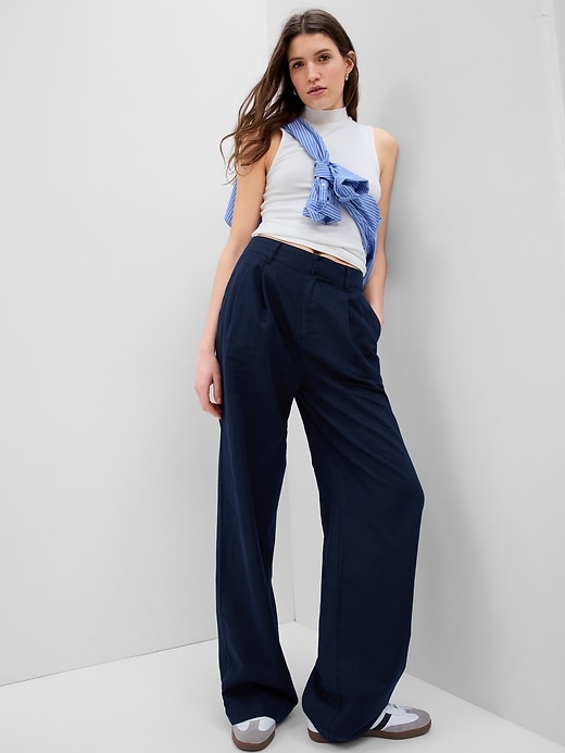 1 of 8 showing, with the color navy blue of product Linen-Cotton Pleated Pants